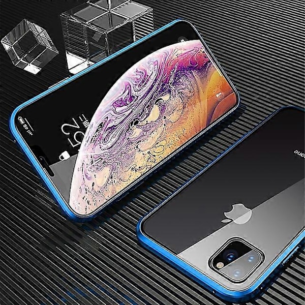 Magnetisk etui til iPhone 13 12 11 Pro Max X XS XR 8 7 Plus dobbeltsidet beskyttelsesetui i hærdet glas Blue iPhone XR