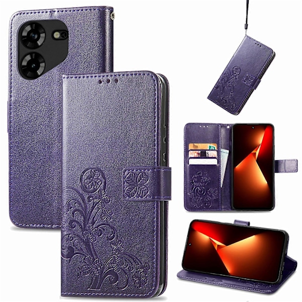Firekløverlås Præget Spænde Læder Telefoncover Purple For Tecno Pova 5 4G