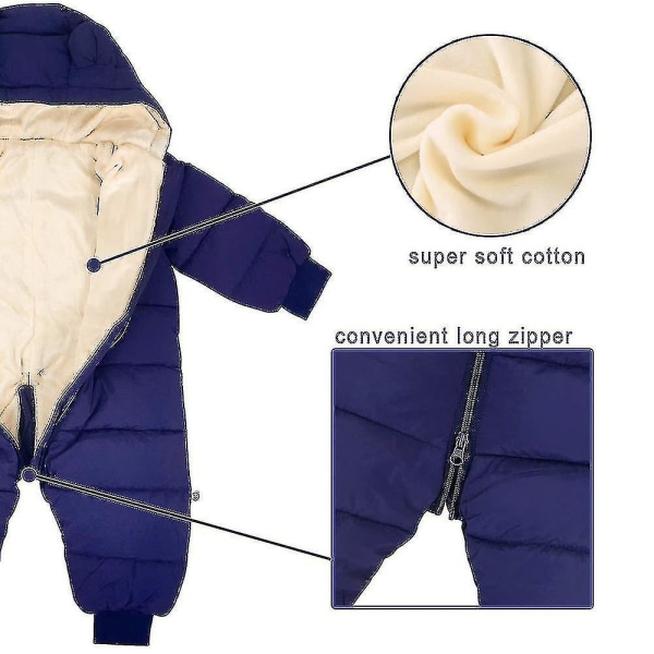 Baby Vinter Jumpsuit med Huva, Romper Snowsuit Pojkar Flickor Långärmad Jumpsuit Varma Outfits Present (marinblå, 66cm)