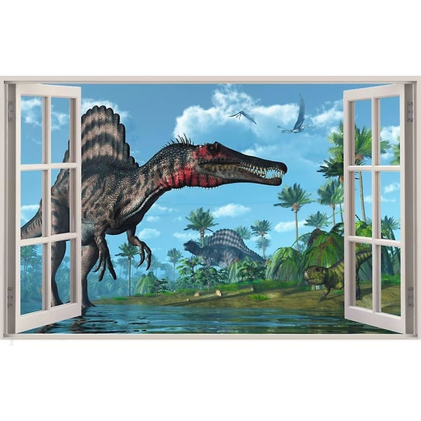 3D-akvarelli Dinosaur World Fake Windows Seinätarra, Kuori ja Stick Spinosaurus Tarrat Lapsille Pojille Lastenhuone Makuuhuone Leikkihuone Olohuoneen sisustus