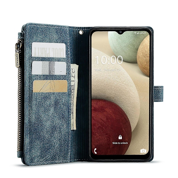 Samsung Galaxy A12 CaseMe-C30 PU + TPU Monitoiminen Vaakasuuntainen Käännettävä Nahkakotelo Pidikkeellä, Korttipaikalla, Lompakolla ja Vetoketjutaskulla Blue