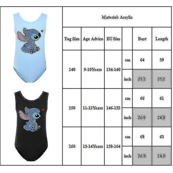 Barn Lilo Stitch Tegneserie badetøy Badesett Strandsvømming Surfedrakt gave 9-14 år Black 11-12 Years