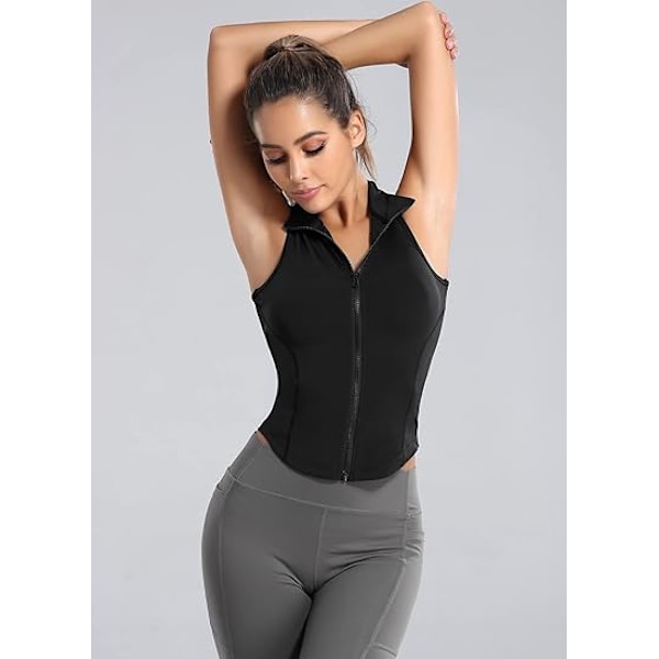 Ermeløs sportsvest for damer med full glidelås T-skjorte, egnet for yoga, løping og fitness. S black