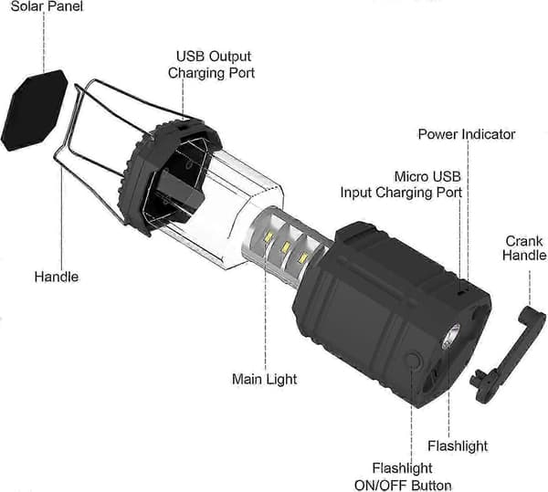 Solar LED Campinglampe - Vandtæt Lanterne med Håndsving Black