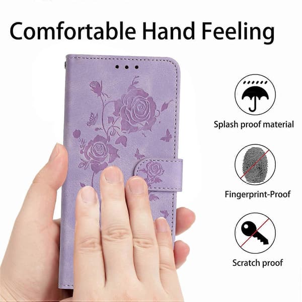 Til iPhone 15 Wallet Case Rose Mønster Præget Læder Flip Stand Telefon Cover Multicolor Light Purple