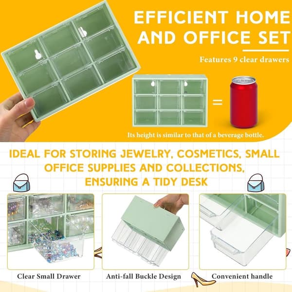 2-piece small storage box, teacher toolbox, with 9 transparent drawers, small plastic desk organizer for teachers.