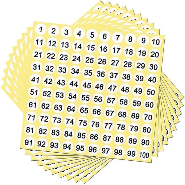 100 ark Nummeretiketter klistermärken 1-100 siffror runda klistermärken