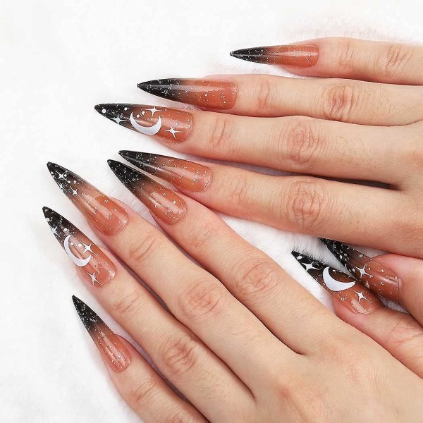 Halloween Press-on Nails - Long Moon Stiletto False Nails With Artsy Designs