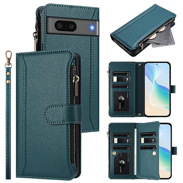 Magnetisk Stängning 9 Kortplatser Dragkedja Läderfodral med Handrem Dark Green For Google Pixel 7 5G