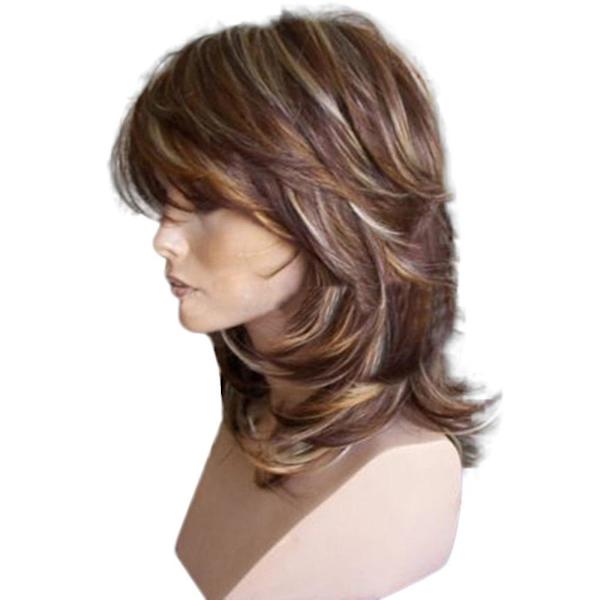 Wig Salg Medium Side Bang Markert Lagdelt Lett Krøllet Syntetisk Parykk