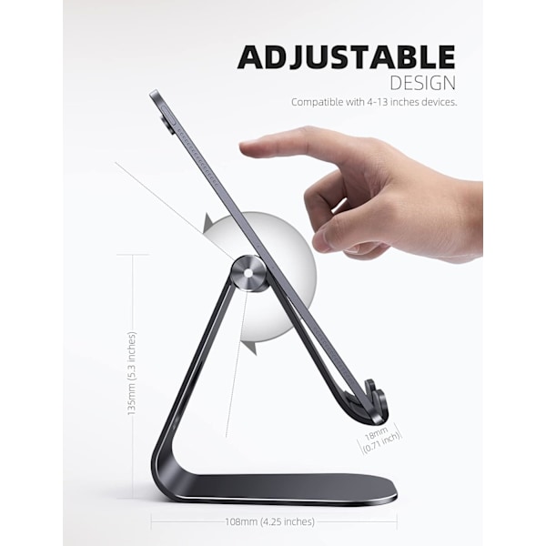 Nettbrettstativ, justerbart nettbrettstativ - universelt stativ for iPad Pro 12.9, 11, 10.5, 9.7, iPad Air mini 2, 3, 4, iPhone og andre nettbrett - svart
