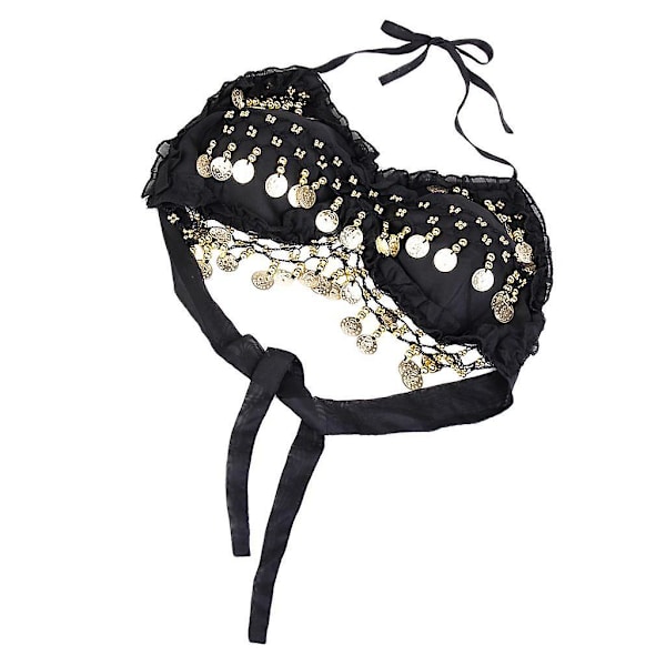 Sexet Foldet Blonde Mønter Chiffon Mavedans BH Top Kostume Sort