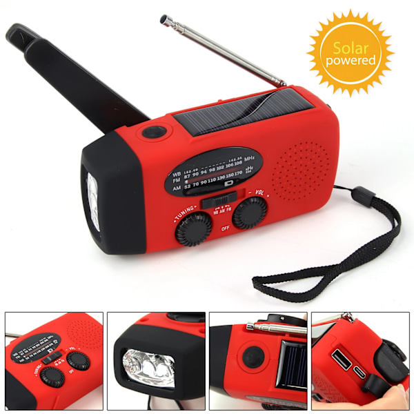 Multifunksjonell Solar Håndsveiv Radio FM AM WB NOAA Værradio 2000mAh USB Lading Nød LED Lommelykt Strømforsyning