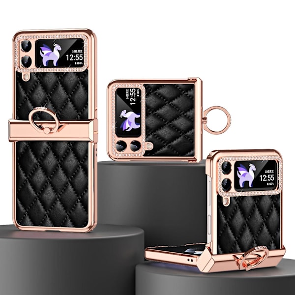 Kiiltävä timanttikuvioinen kotelo Samsung Galaxy Z Flip 4:lle, PU-nahkainen kotelo saranasuojalla ja renkaalla Black For Galaxy Z Flip 4