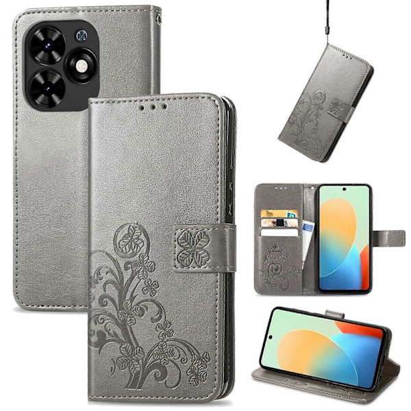 Fyrklöverlås Präglat Spänne Läder Telefonfodral Grey For Tecno Spark Go 2024