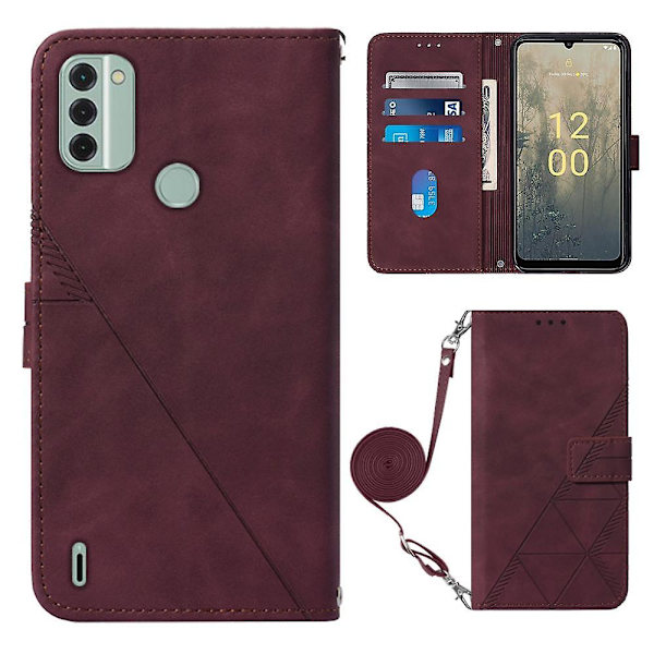 Til Nokia C31 4G Linjer Læder Business Telefon Cover Anti-drop Wallet Stand Flip Case Wine Red