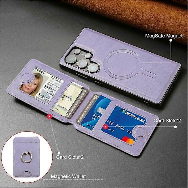 Yhteensopiva Samsung Galaxy S23 Ultra Magneettikotelo PC + PU Puhelimen Takakuori Irrotettavalla Korttipidikkeellä Purple
