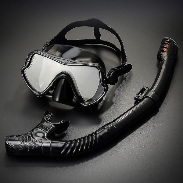 Snorkeldress Antidugg dykkermaske i herdet glass Profesjonelt snorkleutstyr for voksne (helsvart)