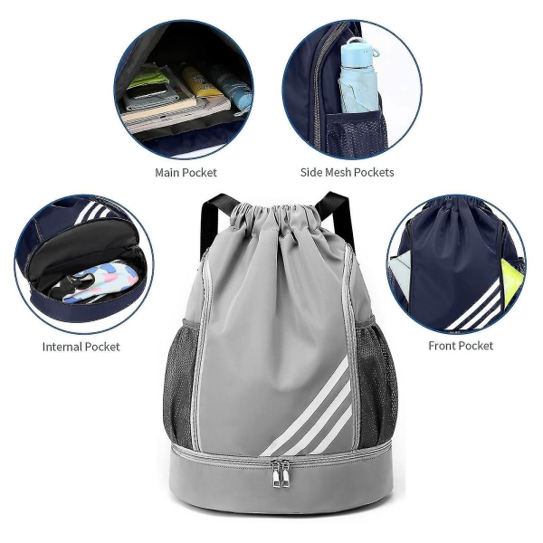 2023 Ny rygsæk med snoretræk Sportsgymnastiktaske med indvendigt rum og to vandflaskeholder Gray