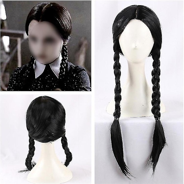 Jenteparikk Lang Svart Flettet Parikk Halloween Cosplay Rekvisitter