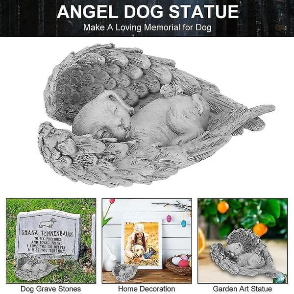 Mindesmærke for kæledyr i kunststen - Gravsten til kæledyr - Mindegave til hunde - Sovende engelstatue til kæledyr - Grå (hy)