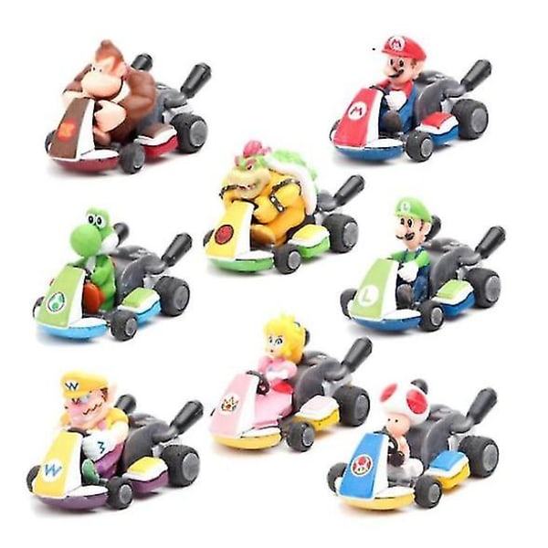 8 stk Super Mario Kart Pull Back Car Luigi Toad Bowser Princess Figur Børnelegetøj