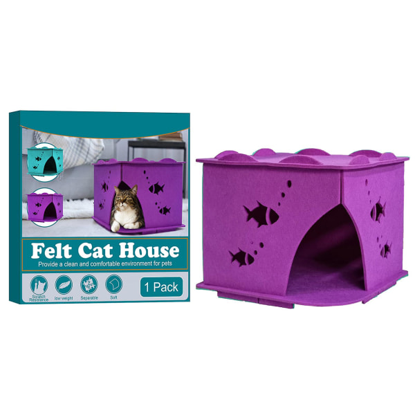 Filt kattehus Sammenleggbart og avtakbart filt halvlukket pustende kattehus Purple