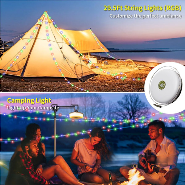Camping Ljusslinga, 3 i 1 Campinglampa Uppladdningsbar (9m), RGB Portabel Utomhus Ljusslinga, Tåliga Tältljusslingor, Multi-Lägen