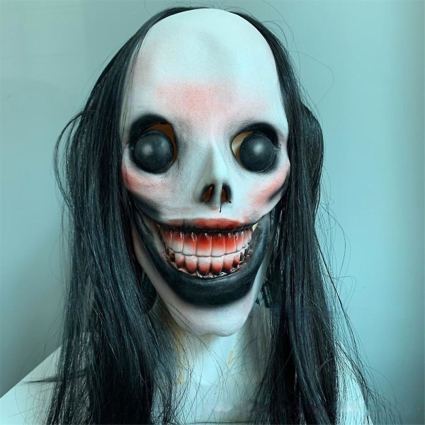Halloweenfestrekvisita Skrämmande mask,skräck-latexmasker,läskig mask med svart långt hår,kvinnlig spökmaskhjälm