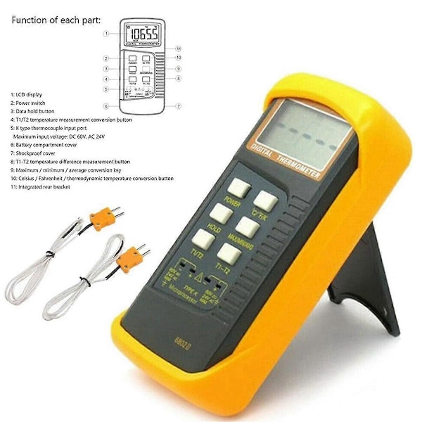 Digital K Typ Termoelement Termometer (-50-1300C) Dubbel Kanal, 2 Termometer Rörklämmor och 2 Sensorprober