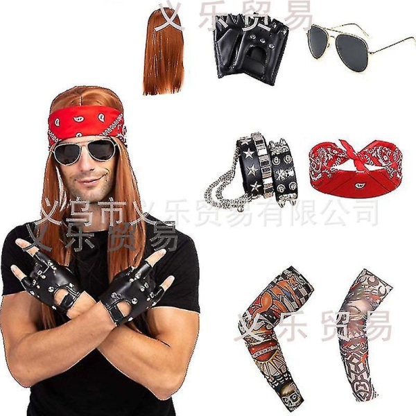 Men's Rock Star Heavy Metal Wig Set 80s Costume Accessories