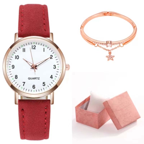 Klassisk Quartz-klokke for kvinner med lysende urskive, frostet lærreim, retro liten rund dameklokke med armbånd og eske Red