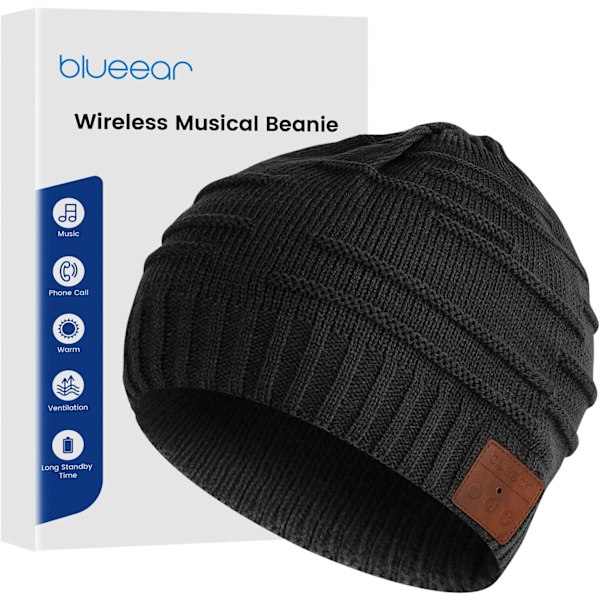 Blåear Bluetooth Beanie Hat Bluetooh 5.2 Hodetelefon Trådløse Vinter Strikket Huer med Stereohøyttaler og MIC 15 Timers Arbeidstid for Utendørs Sport H21 Black