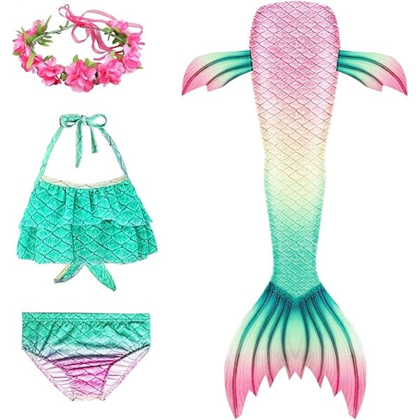 Havfruehale Børn Svømbar 3 stk. Piger Prinsesse Fiske Svømmedragt Bikini Badedragt & Blomster Hårbånd 110