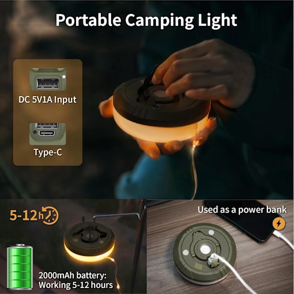 Camping Ljusslinga, 3 i 1 Campinglampa Uppladdningsbar (9m), RGB Portabel Utomhus Ljusslinga, Tåliga Tältljusslingor, Multi-Lägen