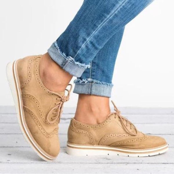 Naisten tasaiset Oxford Brogue Lace-up Pumps Toimistolenkkarit Kengät Camel 43