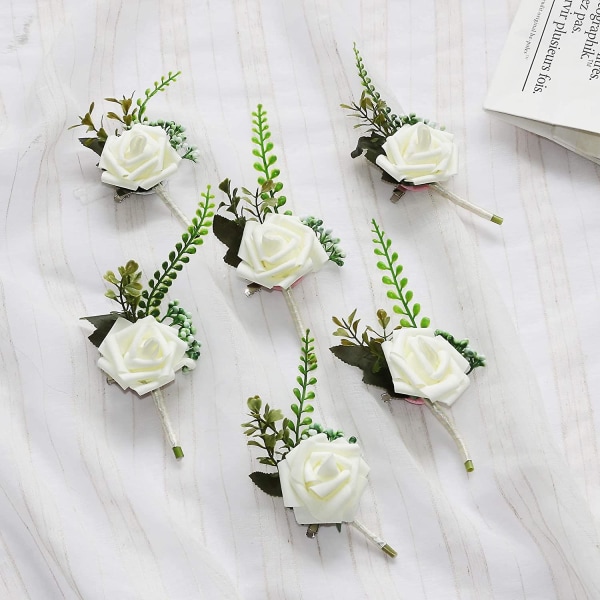 Boutonniere Flower Foam Corsage Bryllupsblomster til bryllup (hvit, pakke med 6)