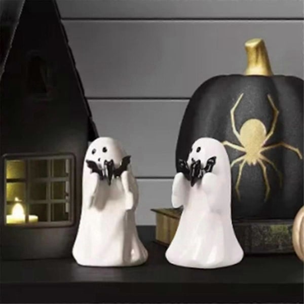 Halloween-aiheinen Resin-haamu, joka pitää kurpitsaa ja lepakon - Puutarha-patsas, koristeet, monipuolinen Resin-käsityö