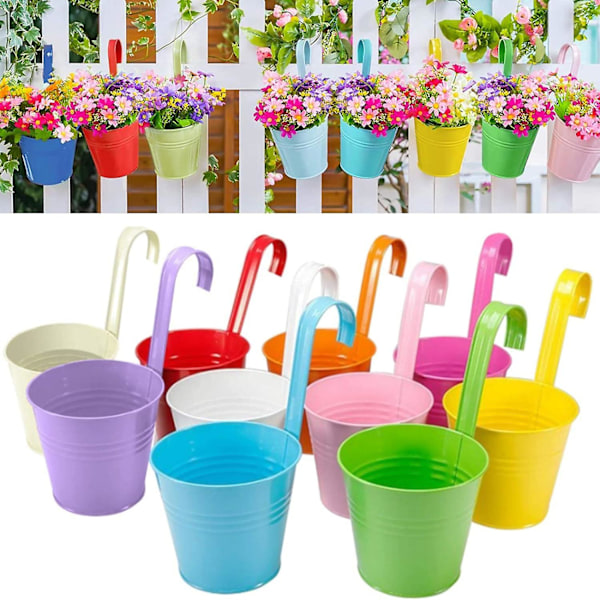 Sett med 10 metall blomsterpotter for oppheng med dreneringshull, avtakbar krok, assorterte farger 10x10x7cm Flerfarget