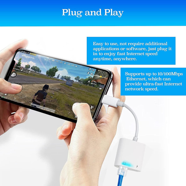 Lightning till Ethernet-adapter, [kompatibel med Apple Mfi-certifierad] 2 i 1 RJ45 Ethernet LAN-nätverksadapter med laddningsport, Plug and Play, Support