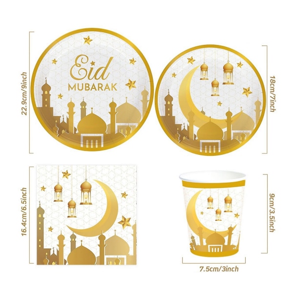 1 sett engangs servise Elegant praktisk Eid Mubarak middagstallerkener Serviettkopp for festivaler
