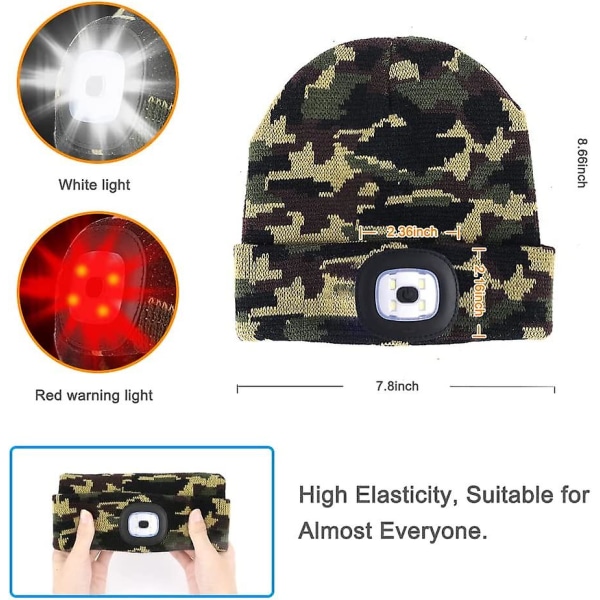 Beanie med lys og rødt advarselslys, USB-genopladelig LED-beanie med 3 lysstyrkeniveauer, håndfri pandelampe (camouflage)