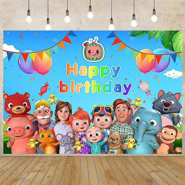 Cartoon Cocomelon Party Baggrund Tillykke med fødselsdagen trykt vægbaggrund