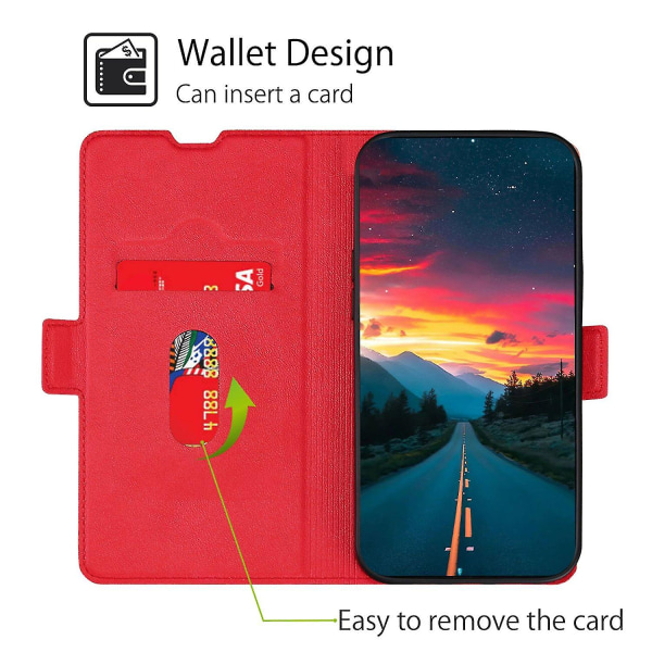 For Nokia C32 Pu Lær smarttelefonveske med kortspor Ripebestandig deksel til telefonstativ Red