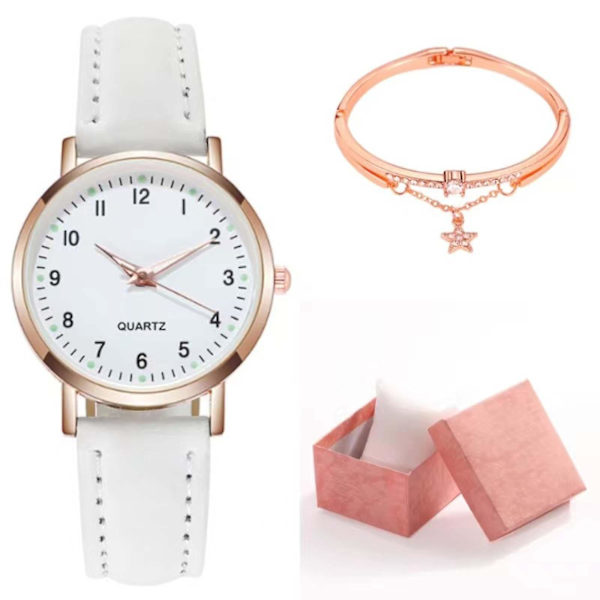 Klassisk Quartz-klokke for kvinner med lysende urskive, frostet lærreim, retro liten rund dameklokke med armbånd og eske White