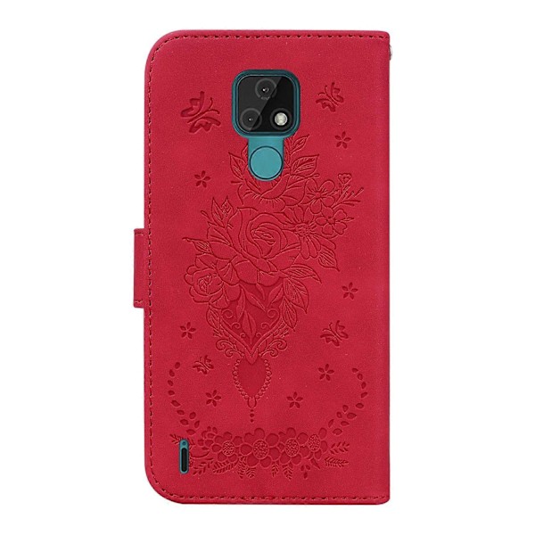Til Motorola Moto E7 Sommerfugl Rose Præget Læder Telefon Cover Red