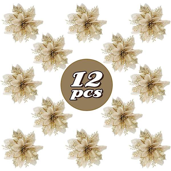 12 stk. Kunstige Julestjerner, Glitter Juleblomster til Bryllupsfest Juledekorationer (guld)