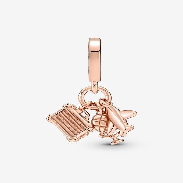 Pandora - Flygplan, Glob & Resväska Trippelberlock - 14k roséguldpläterad