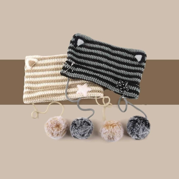 Stickad mössa med kattöron för kvinnor, vintervarm mössa i elastiskt stickat, skidmössa med dun och broderi för vuxna flickor