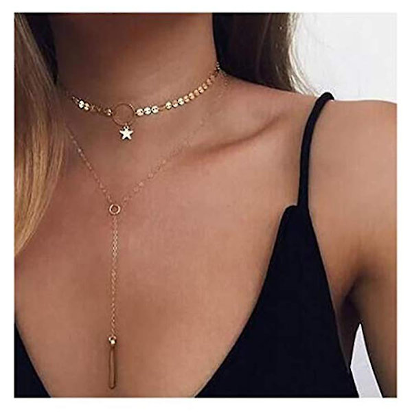 Bohemia Layered Choker Necklace Gold Disc Choker Star Choker Lariat & Y Halsband Bar Pendant Halsband (silver)